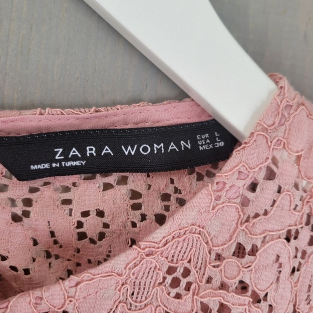 Zara Woman Floral Lace Blouse Womens Large Pink Bell Sleeve Romantic Boho - Picture 6 of 9